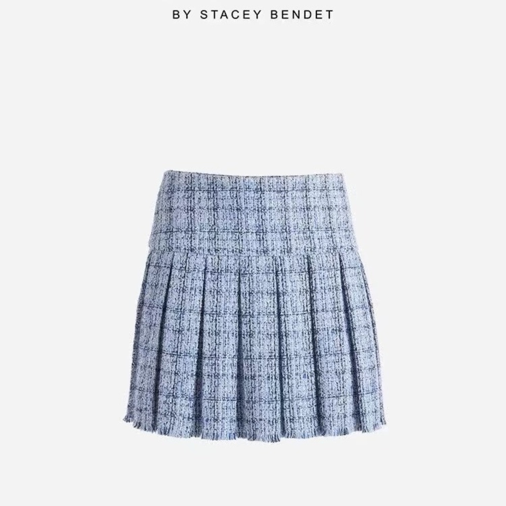 Alice + Olivia Light Blue Plaid tweed pleated Mini Skirt NWT